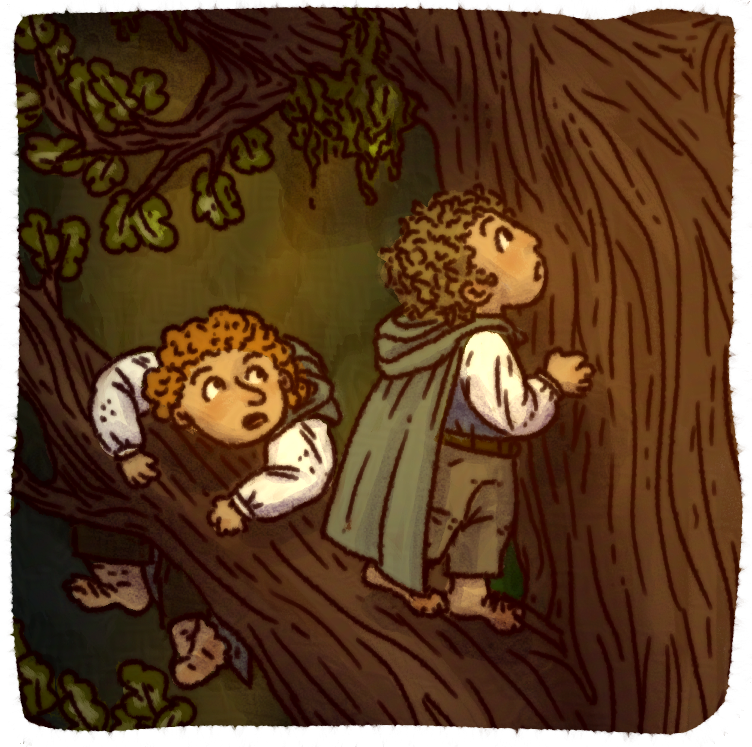 Dessin de deux personnages grimpant sur un arbre avec des yeux